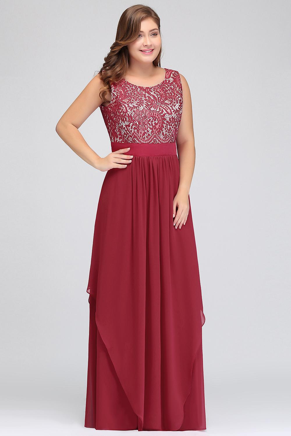 Plus Size A-line Scoop Neck Chiffon Long Formal Dress with Appliques Lace