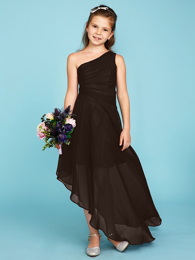 A-Line One Shoulder Asymmetrical Chiffon Junior Bridesmaid Dress With Side Draping / Wedding Party