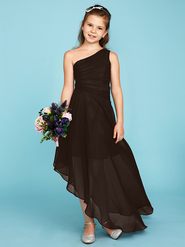 A-Line One Shoulder Asymmetrical Chiffon Junior Bridesmaid Dress With Side Draping / Wedding Party