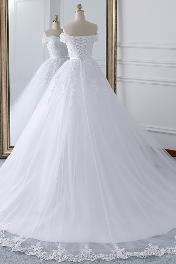 Long Ball Gown Lace-up Off Shoulder Appliques Tulle Wedding Dress