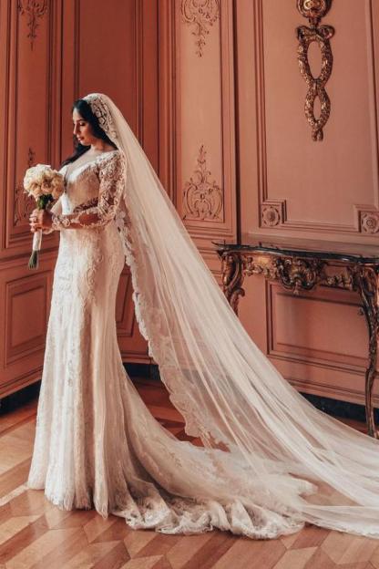Elegant Long sleeves V-neck Lace A-line Satin Long Wedding Dress with Train