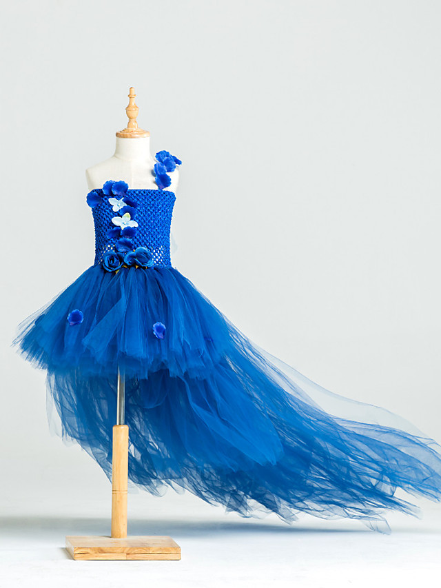 Ball Gown Asymmetrical Pageant Flower Girl Dresses - Tulle / Stretch Satin / Polyester Sleeveless One Shoulder With Flower