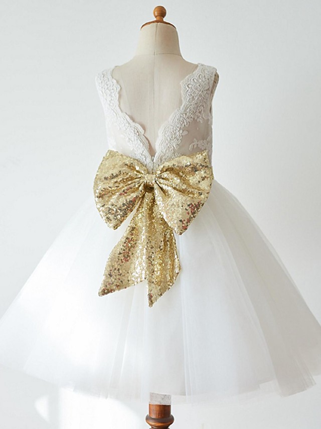 Ball Gown Knee Length Wedding / First Communion / Pageant Flower Girl Dresses - Lace / Tulle Sleeveless Jewel Neck With Bow(S)