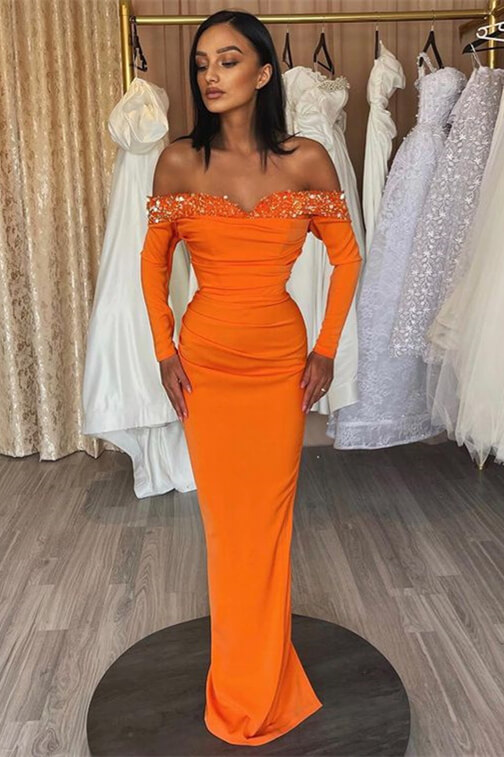 Orange Long Sleeves Mermaid Satin Beads Evening Prom Dresses