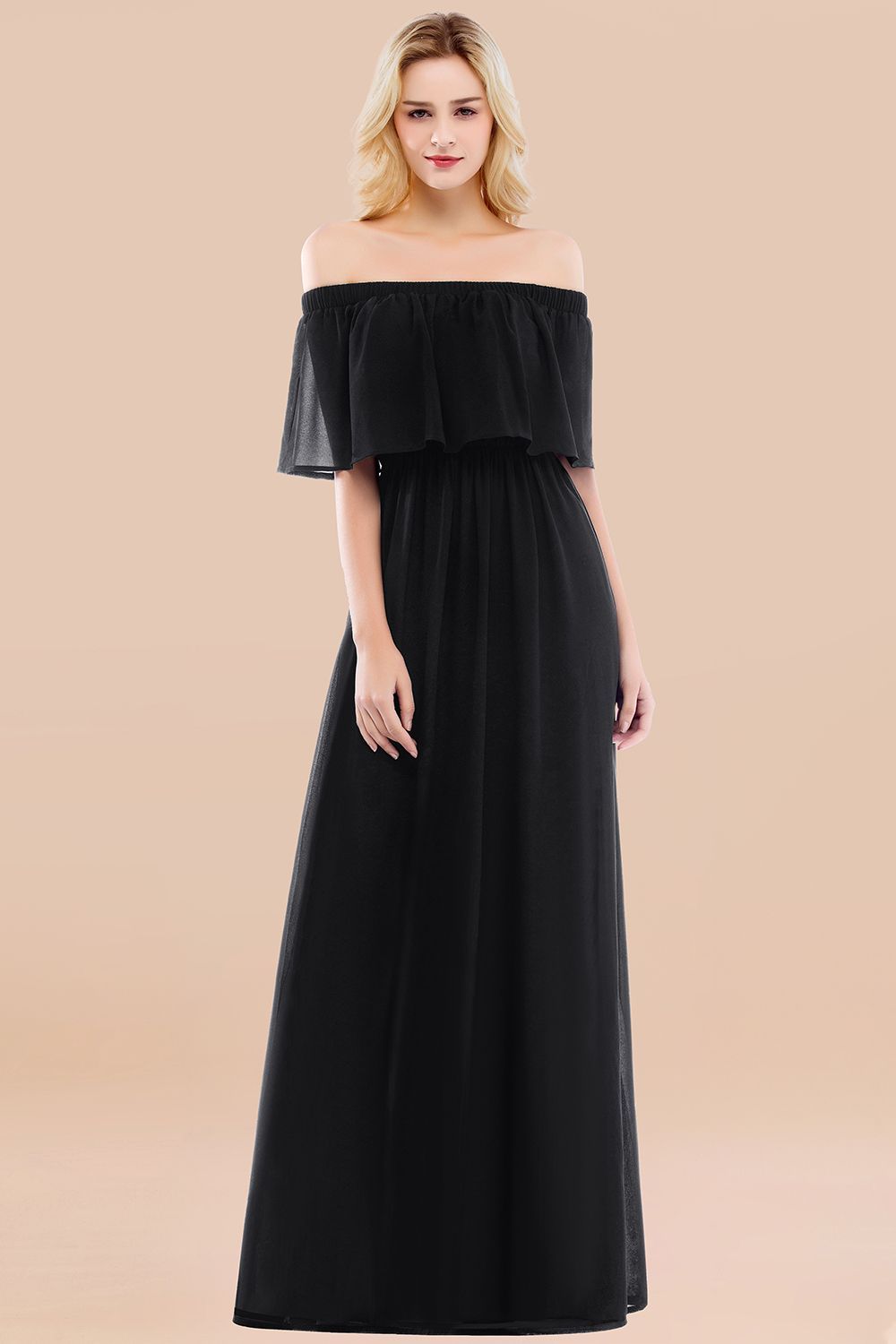 A-line Chiffon Off-the-Shoulder Short-Sleeves Ruffles Floor-length Bridesmaid Dress