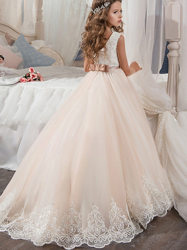 Long A-line Tulle Sleeveless Jewel Neck Flower Girl Dresses with Bows