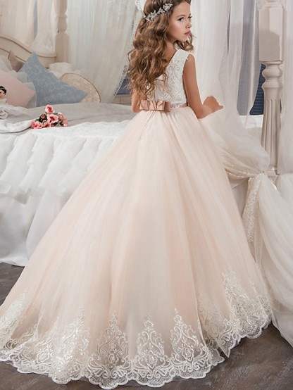 Long A-line Tulle Sleeveless Jewel Neck Flower Girl Dresses with Bows