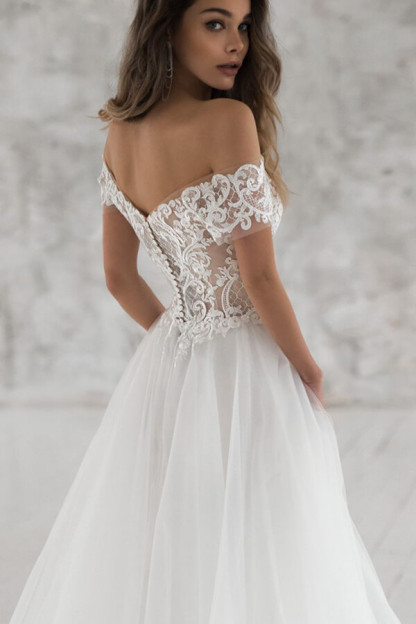 Elegant Long A-line Off the Shoulder Appliques Tulle Wedding Dress