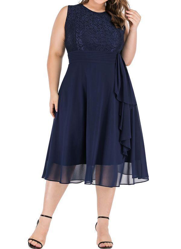 Dark Blue Plus Size Solid Round Neckline Casual Midi X-line Dress Plus Dress