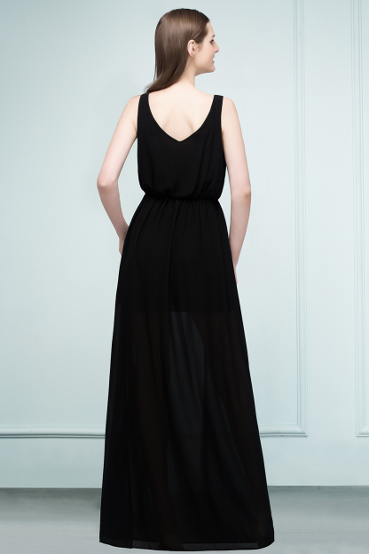 Black Long V-neck Chiffon A-line Evening Dress