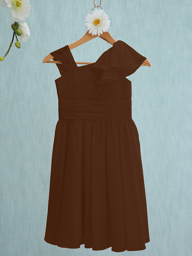 Sheath / Column Straps Knee Length Chiffon Junior Bridesmaid Dress With Ruffles / Side Draping / Natural
