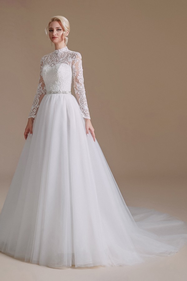 Modest A-line High Neck Long Sleeves Tulle Lace Wedding Dresses