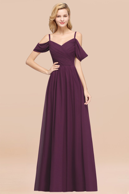 A-Line Chiffon V-Neck Spaghetti Straps Short-Sleeves Floor-Length Bridesmaid Dresses with Ruffles