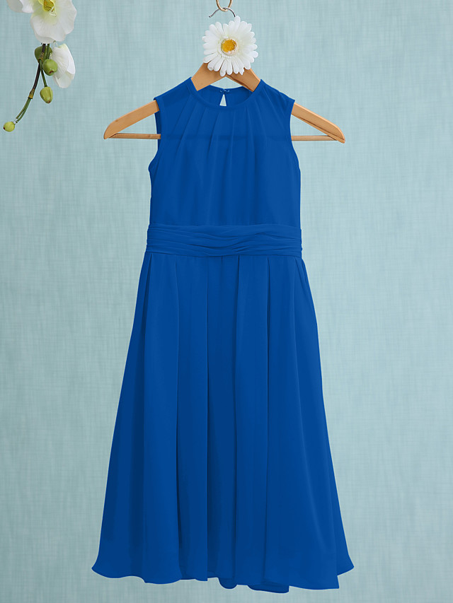 Sky Blue Long A-line Jewel Neck Knee Length Chiffon Junior Bridesmaid Dress