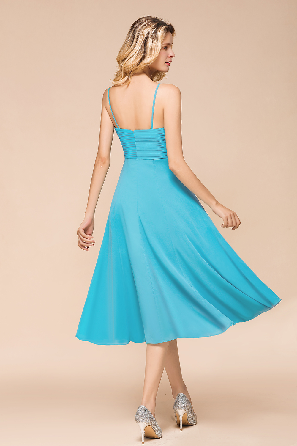 Beautiful Sky Blue A-line Tea-length Chiffon Bridesmaid Dress With Spaghetti Straps