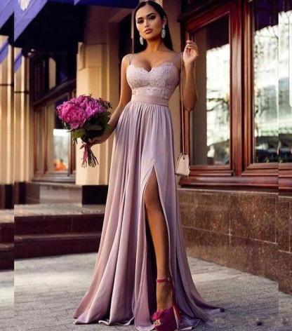 Long A-line Sweetheart Chiffon Lace Prom Dresses with Slit