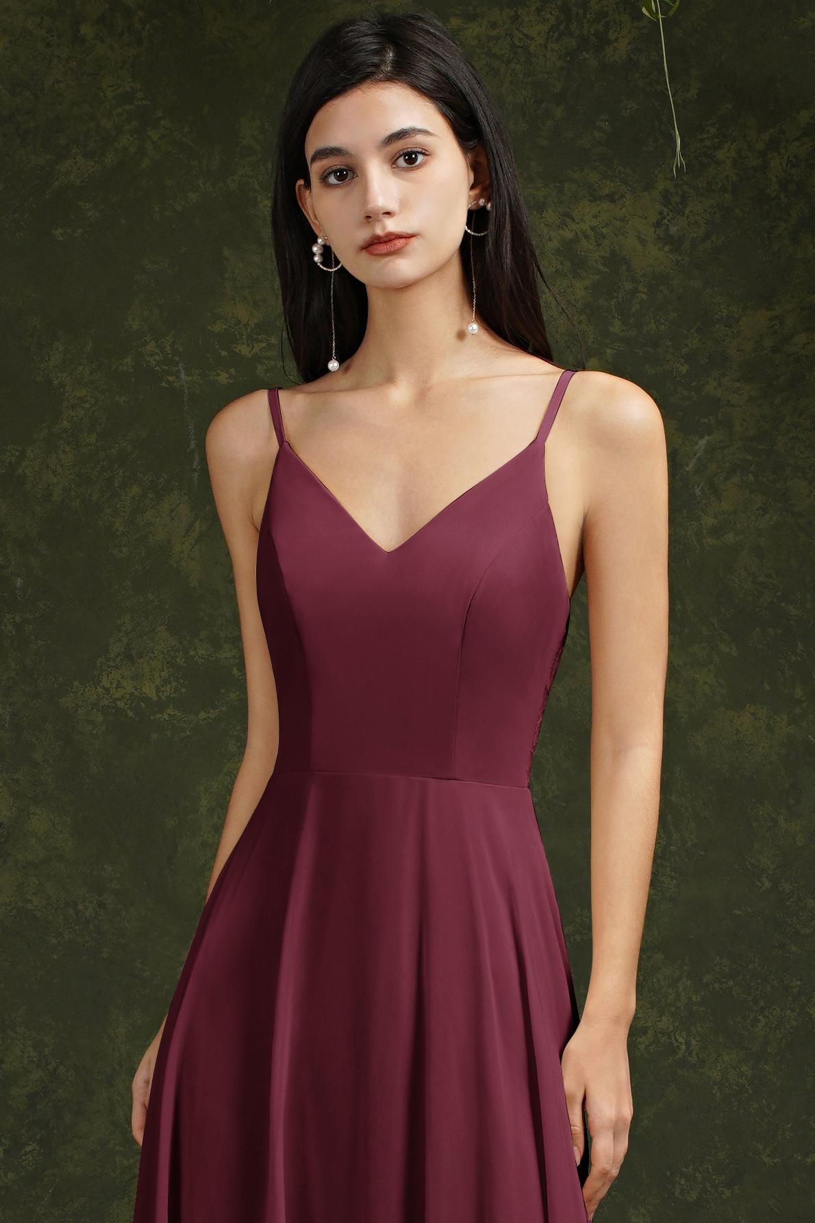Long A-line Spaghetti Straps V-neck Floor Length Chiffon Formal Evening Dress
