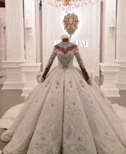 High Neck Train Long Sparkle Applique Satin Ball Gown Wedding Dresses with Sleeves