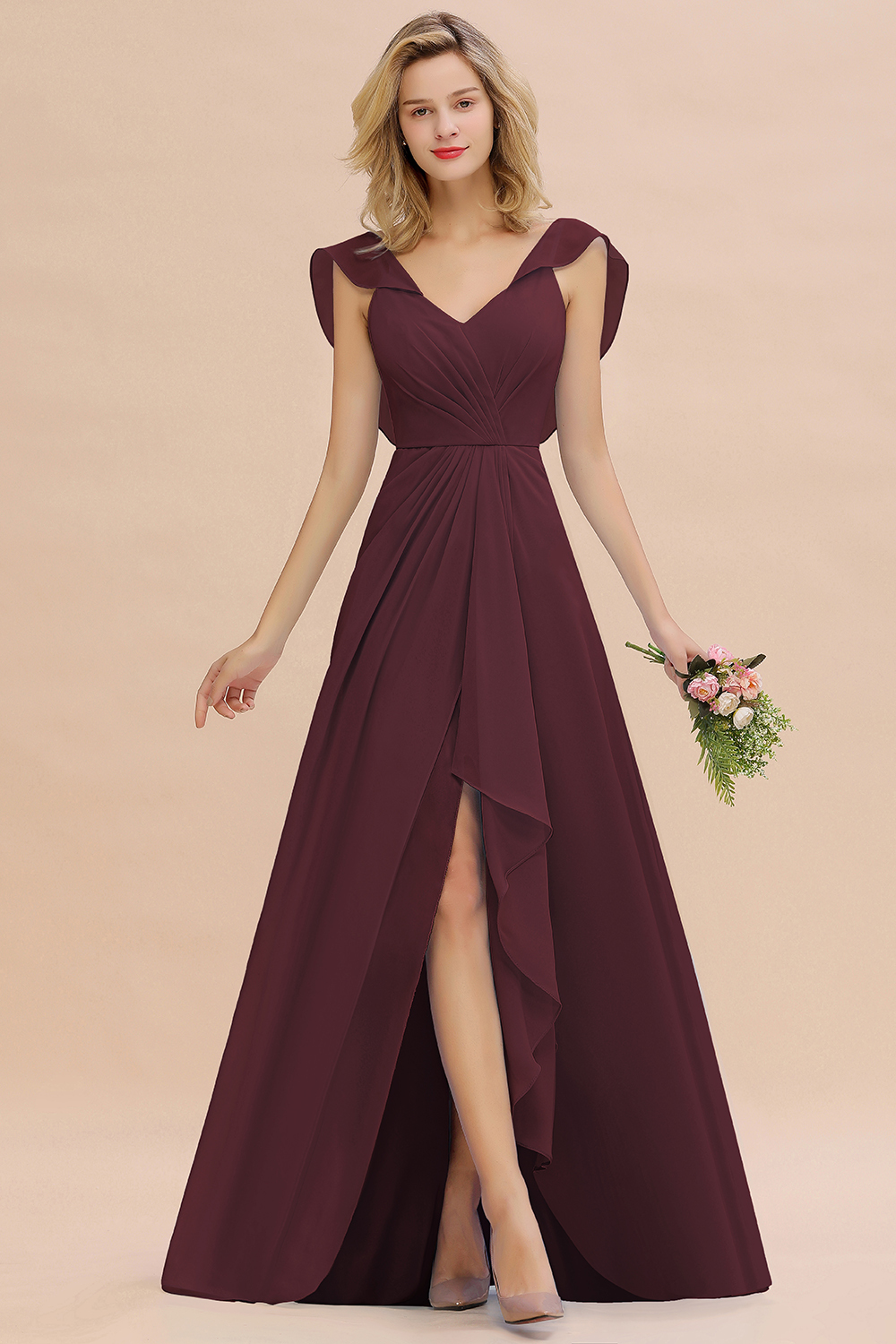 BM0777 Simple Hi-Lo V-Neck Ruffles Long Bridesmaid Dress