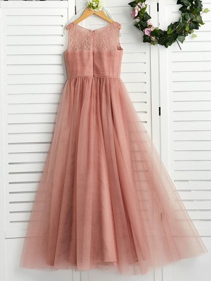 Long Crew Neck Tulle Junior Bridesmaid Dress A-line Flower Girl Dresses