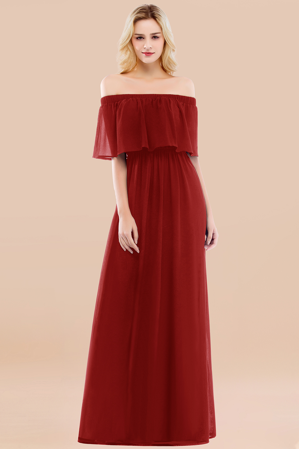 A-line Chiffon Off-the-Shoulder Short-Sleeves Ruffles Floor-length Bridesmaid Dress