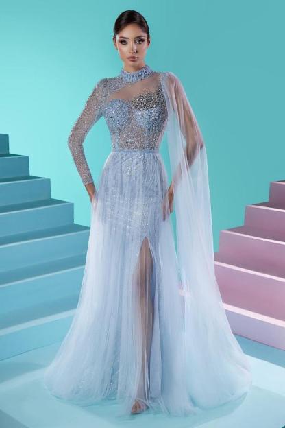 Elegant Long A-Line Halter Tulle Beading Spilt Front Prom Dresses with Long Sleeves