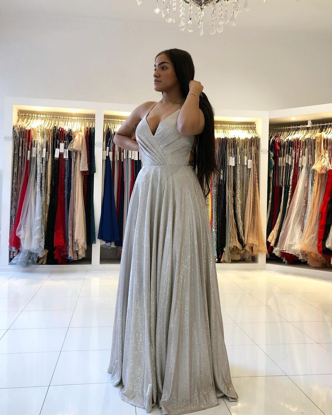 Long A-line V-Neck Spaghetti Straps Glitter Backless Prom Dresses