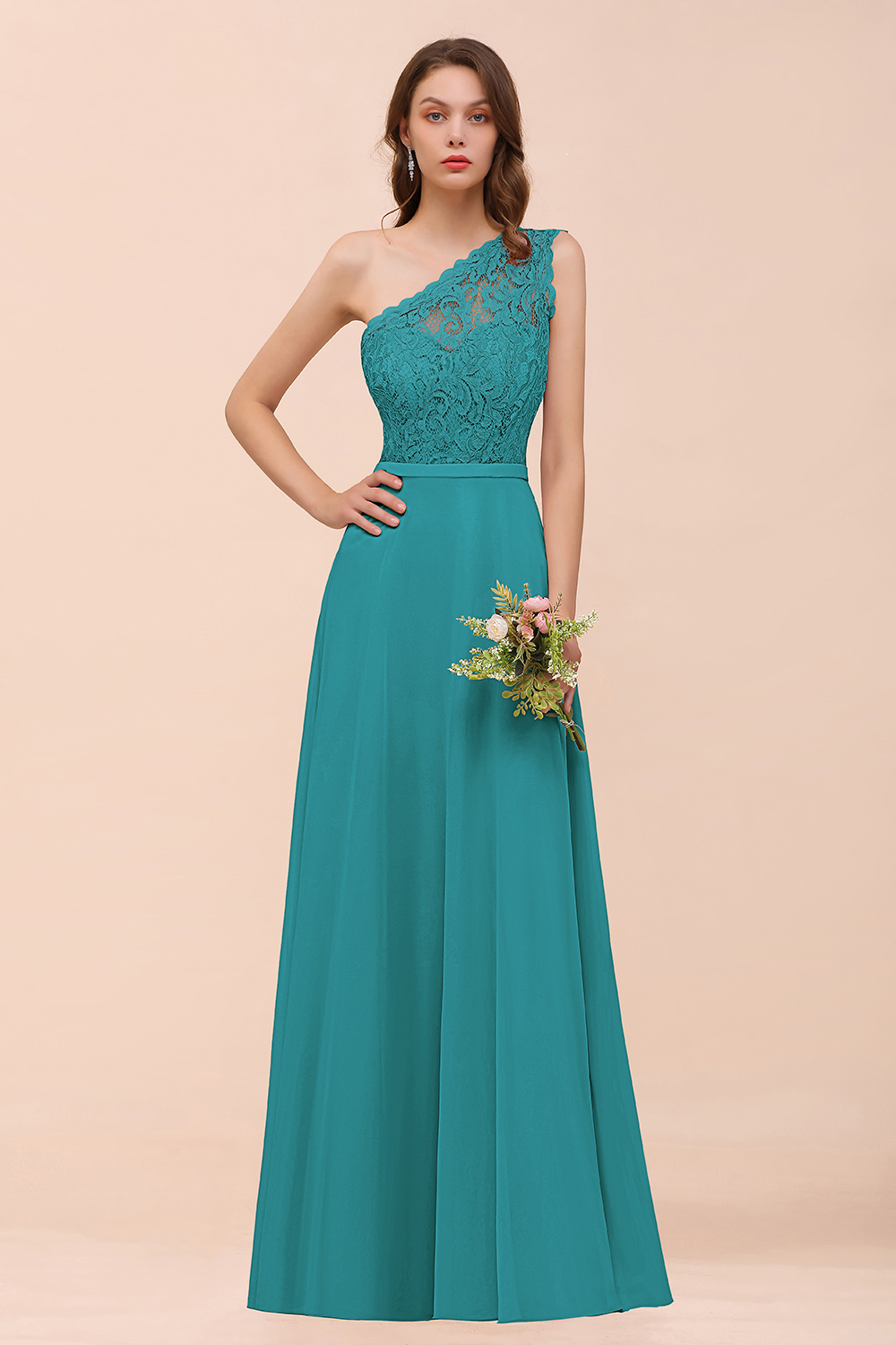 Classy One Shoulder Appliques Lace Floor-length A-Line Chiffon Bridesmaid Dress