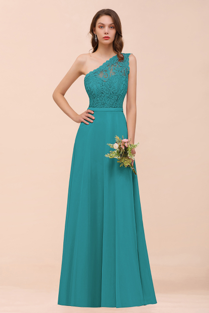 Classy One Shoulder Appliques Lace Floor-length A-Line Chiffon Bridesmaid Dress