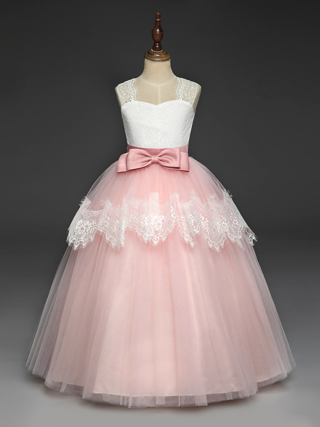 Long A-line Tulle Lace Sleeveless Flower Girl Dresses with Bow