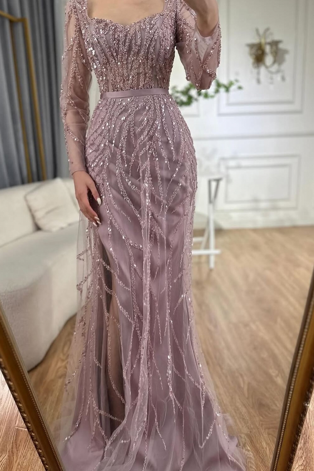Long Sleeve Pink Sequined Mermaid Slit Prom Dress Detachable Tulle