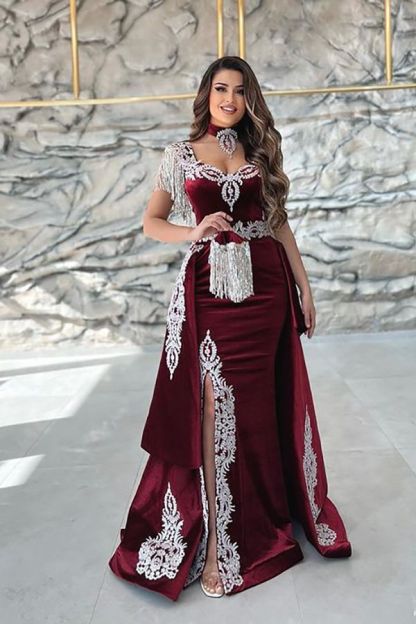 Burgundy Long Mermaid Sweetheart Velvet Front Slit Evening Formal Dresses