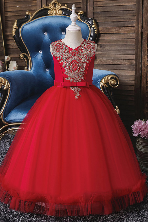 FS9975 Appliques Scoop Tea Length Flower Girl Dress