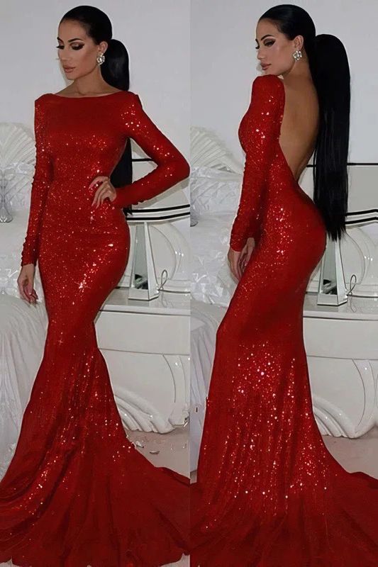 Long Sequins Bateau Sequin Open Back Mermaid Prom Dress with Sleeves