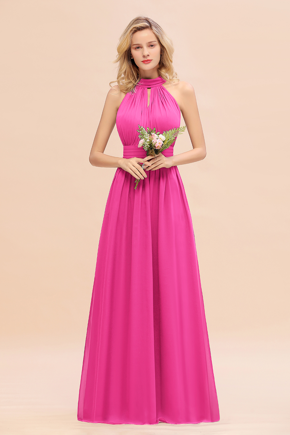 BM0758 Glamorous High-Neck Halter Bridesmaid Affordable Dresses with Ruffle