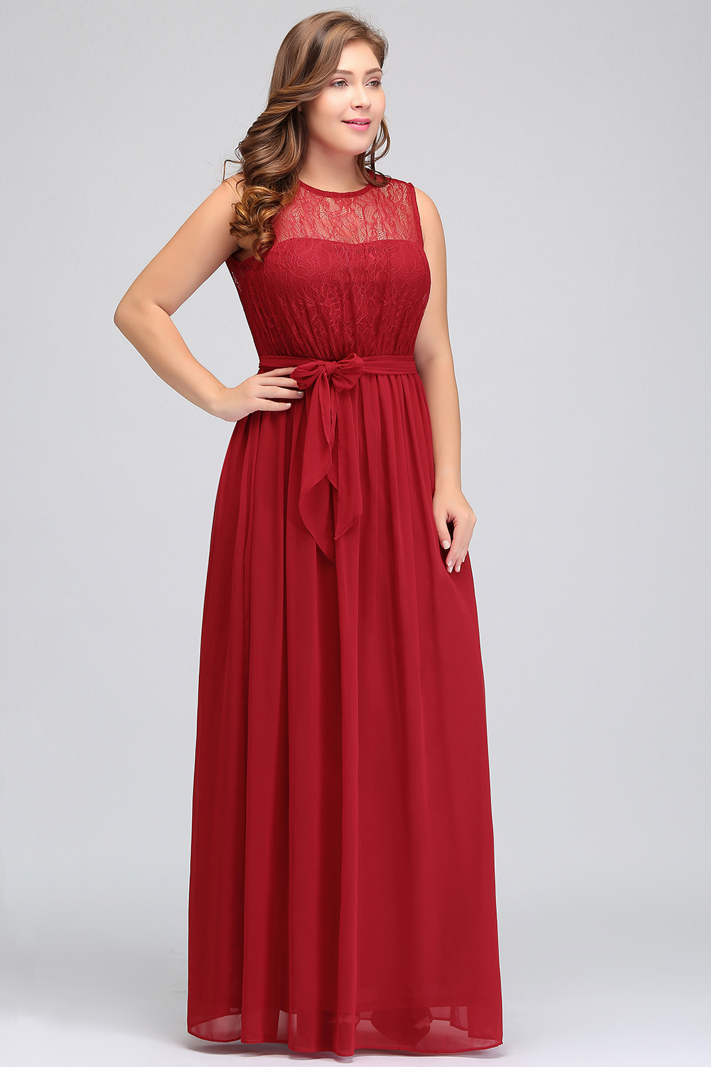 Chiffon Bateau Sleeveless A-Line Floor-length Lace Prom Dress With Bowknot