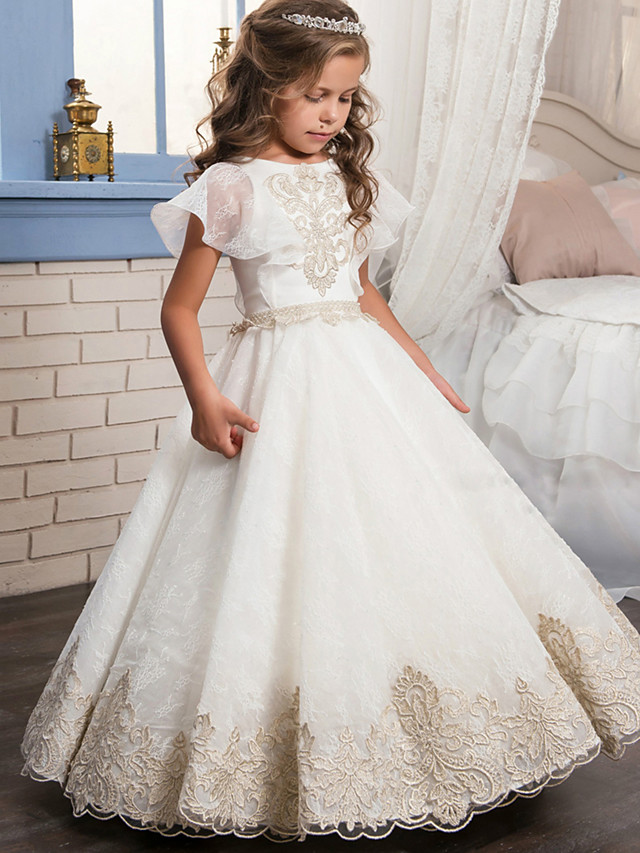 Ball Gown Floor Length Wedding / Birthday / Pageant Flower Girl Dresses - Lace / Tulle / Cotton Short Sleeve Jewel Neck With Lace / Beading / Embroidery