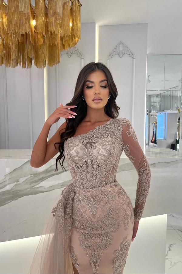 Beautiful Long Memaid One Shoulder Satin Lace Formal Prom Dresses with Sleeves