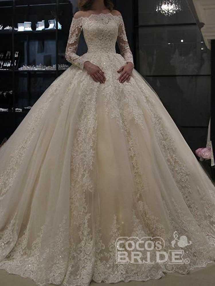 Gorgeous Long Sleeves Off the Shoulder Lace Ball Gown Wedding Dresses