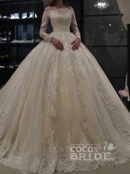 Gorgeous Long Sleeves Off the Shoulder Lace Ball Gown Wedding Dresses