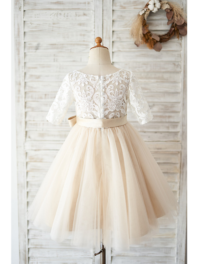 Ball Gown Knee Length Wedding / Birthday Flower Girl Dresses - Lace / Tulle Half Sleeve Jewel Neck With Belt / Buttons