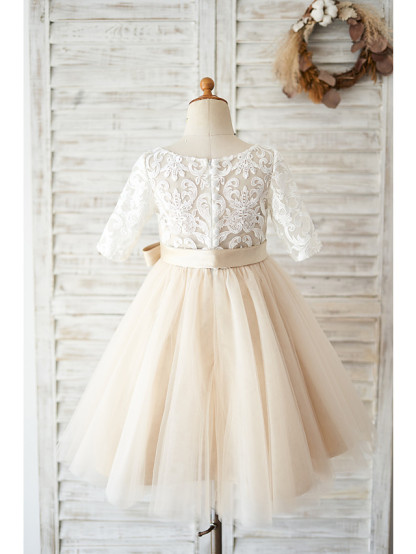 Ball Gown Knee Length Wedding / Birthday Flower Girl Dresses - Lace / Tulle Half Sleeve Jewel Neck With Belt / Buttons