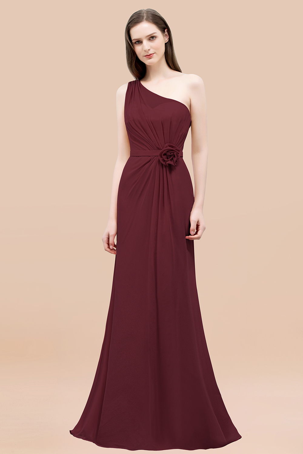 Mermaid Chiffon One-shoulder Sleeveless Ruffled Floor-Length Bridesmaid Dresses with Flower