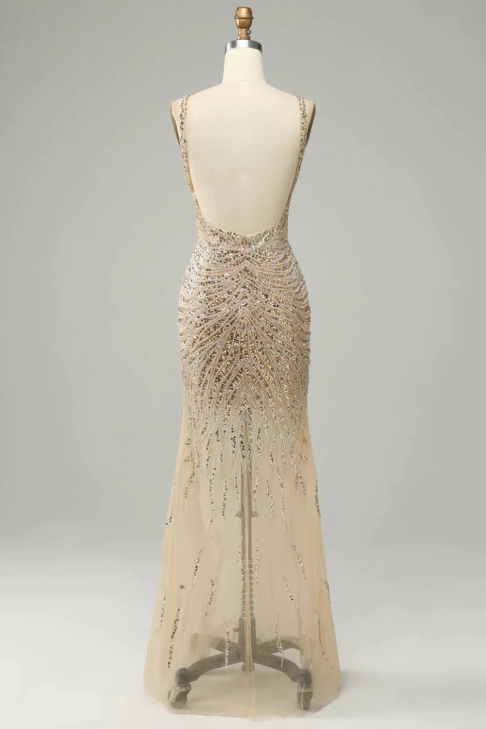 Long Mermaid Tulle Spaghetti Straps V-Ncek Backless Prom Dress