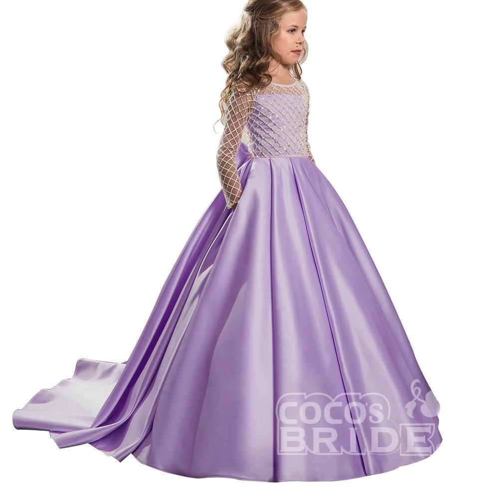 White Scoop Neck Long Sleeves Ball Gown Flower Girls Dress