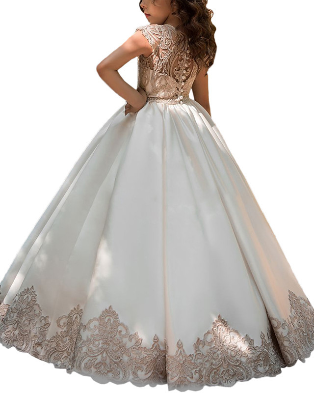 Ball Gown Long Satin Jewel Neck Flower Girl Dresses wiith Cap Sleeve