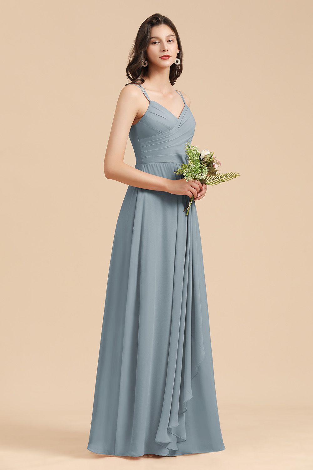 Long A-line V-Neck Chiffon Bridesmaid Dress Dusty Blue Wedding Guest Dress