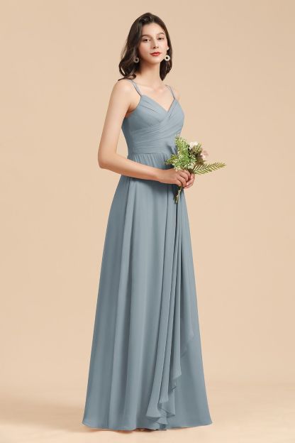 Long A-line V-Neck Chiffon Bridesmaid Dress Dusty Blue Wedding Guest Dress
