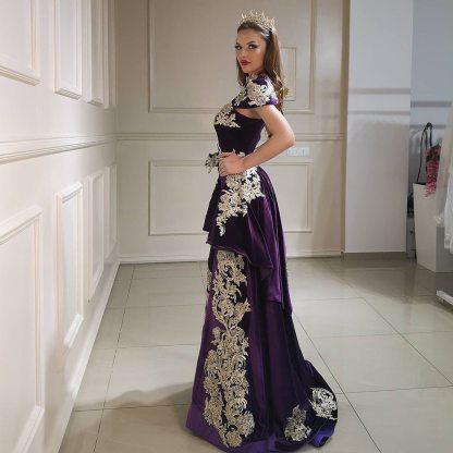 Unique High Neck Appliques Lace Backless Floor-length Velvet Mermaid Prom Dress