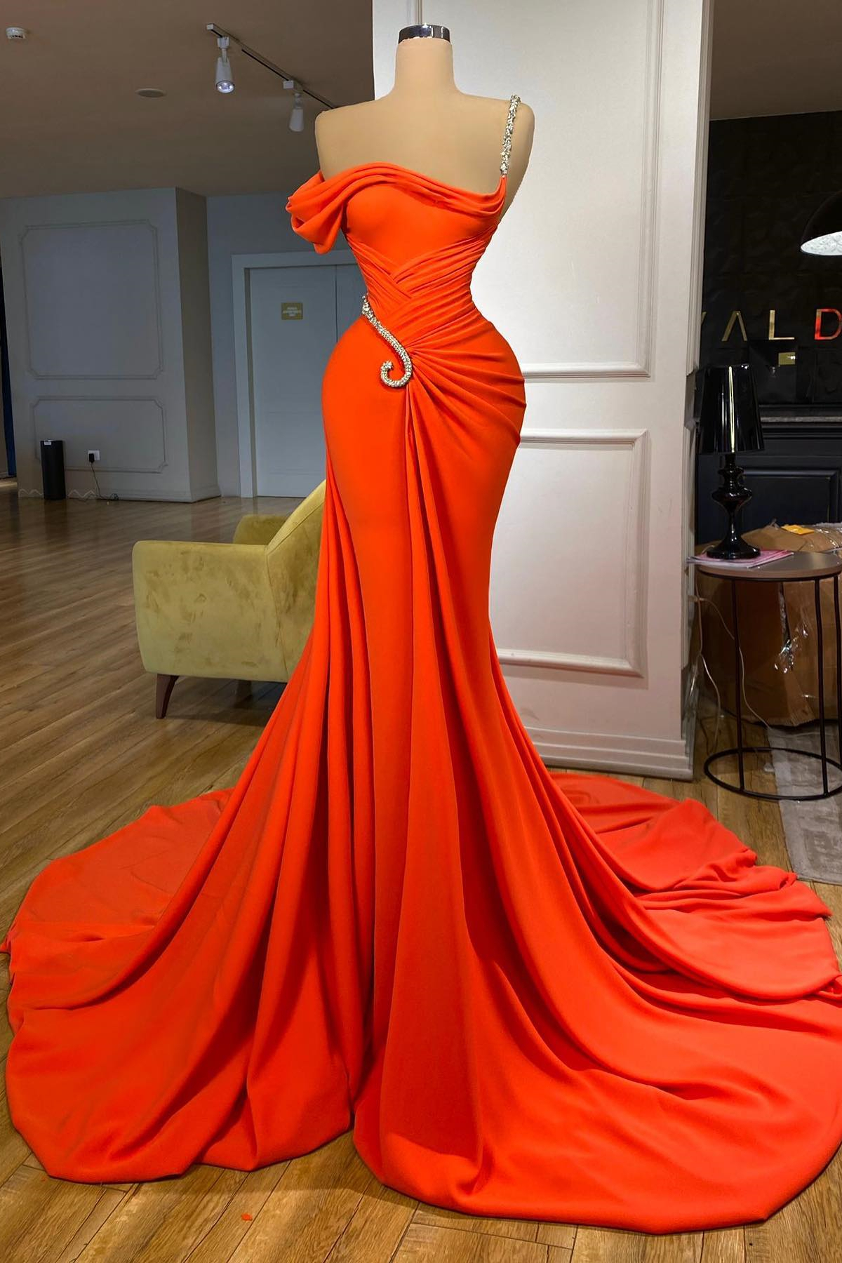 Long Satin Satrapless One Shoulder Beads Mermaid Prom Dress